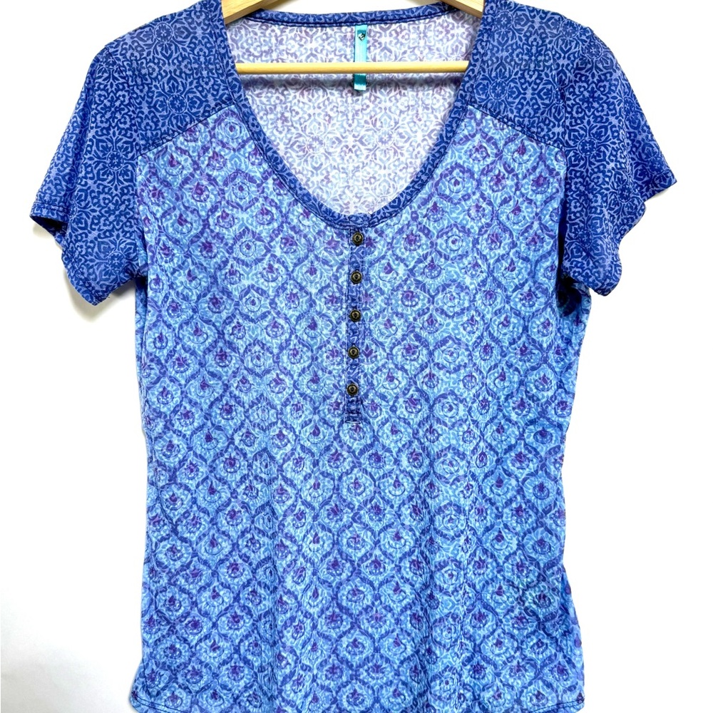 Blue Printed Short-Sleeve Henley Top